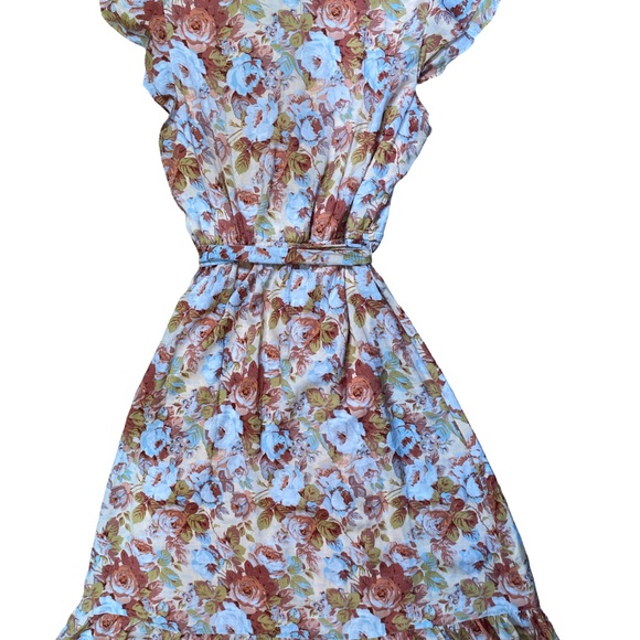 LC Lauren Conrad Blue & Peach Floral Midi Dress Size L, Ruffle Sleeve - Picture 2 of 7